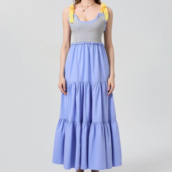 Dreamscape Tiered Blue-Yellow Maxi Dress - Picture 1 of 11